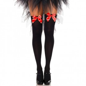 LEG AVENUE MEDIAS ALTAS NEGRAS CON LACITO ROJO TALLA uNICA