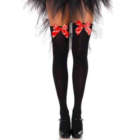 LEG AVENUE MEDIAS ALTAS NEGRAS CON LACITO ROJO TALLA uNICA