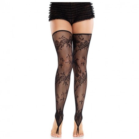 LEG AVENUE MEDIAS SIN PIES DE ENCAJE FLORAL NEGRO