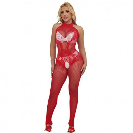SUBBLIME 952372 BODYSTOCKING CROTCHLESS DE REJILLA Y ENCAJE CON CUELLO ALTO ROJO TALLA uNICA