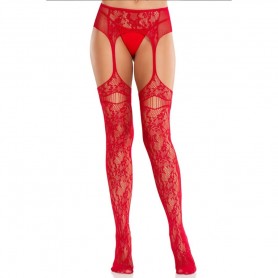 LEG AVENUE MEDIAS DE ENCAJE CON LIGAS ROJO