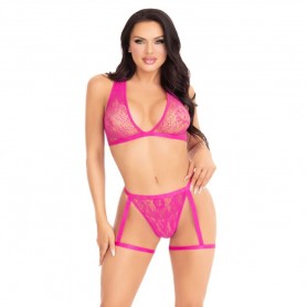 LEG AVENUE 86148 TOP DE BRA DE ENCAJE Y PANTY CON LIGUEROS ROSA TALLA uNICA