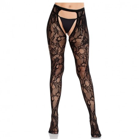 LEG AVENUE MEDIAS DE ENCAJE DE ROSAS CON PARTE TRASERA ABIERTA NEGRO