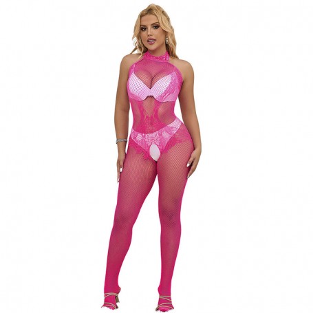 SUBBLIME 952389 BODYSTOCKING CROTCHLESS DE REJILLA Y ENCAJE CON CUELLO ALTO ROSA TALLA uNICA