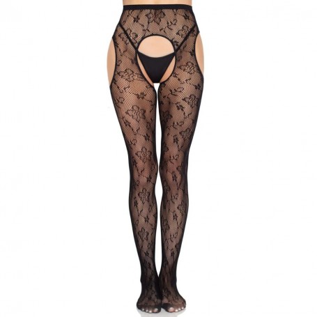 LEG AVENUE 1967 MEDIAS DE LIGUERO CON RED DE FLORES NEGRO TALLA uNICA